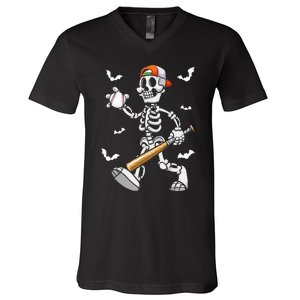 Cool Skeleton Baseball Lover Halloween Baseball Player V-Neck T-Shirt