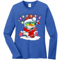 Christmas Soccer Ball Snow Santa Hat Lights Funny Xmas Cute Gift Ladies Long Sleeve Shirt