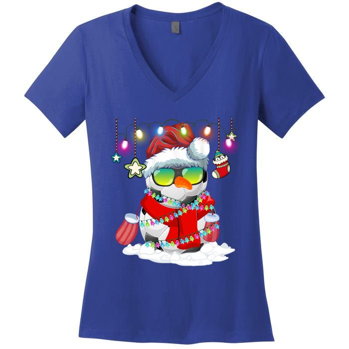 Christmas Soccer Ball Snow Santa Hat Lights Funny Xmas Cute Gift Women's V-Neck T-Shirt