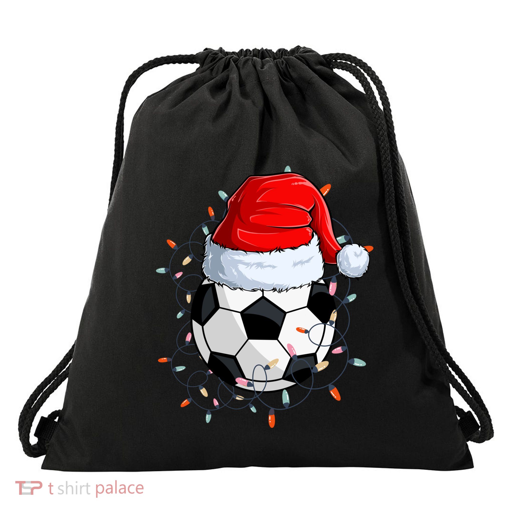 Christmas Soccer Ball With Santa Hat Xmas Light Soccer Lover Cute Gift Drawstring Bag
