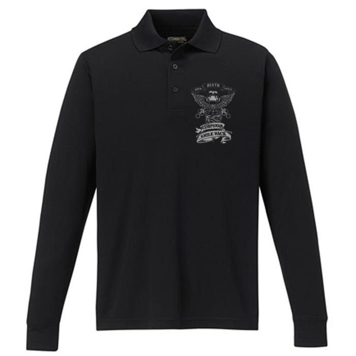 Corpsman Smile Back 8404 Gift For Corpsman Veteran Performance Long Sleeve Polo