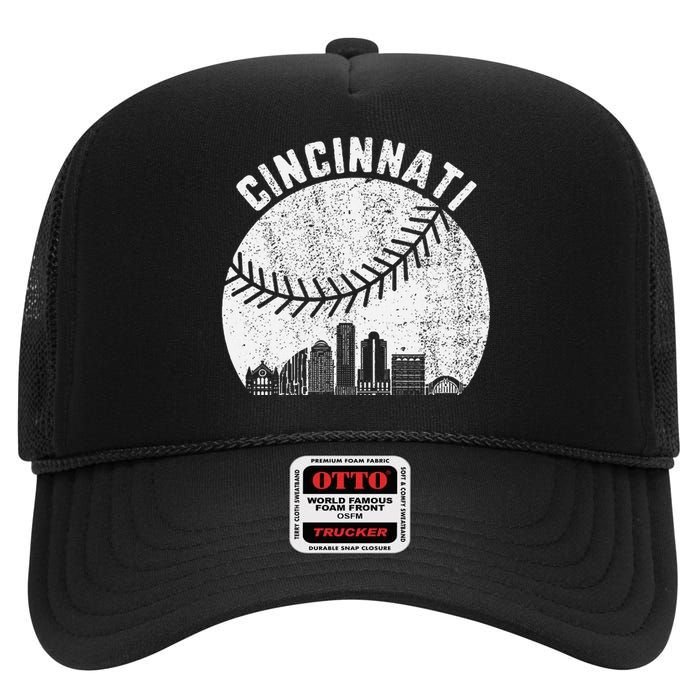 Cincinnati Skyline Baseball Vintage Cincinnati Oh Baseball High Crown Mesh Back Trucker Hat