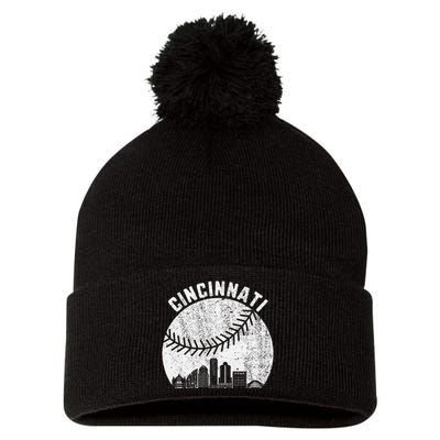 Cincinnati Skyline Baseball Vintage Cincinnati Oh Baseball Pom Pom 12in Knit Beanie