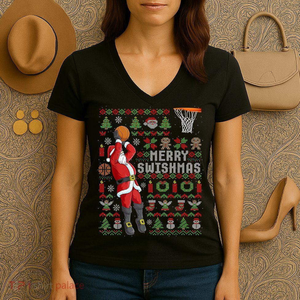 Cool Santa Basketball Merry Swishmas Women's V-Neck T-Shirt