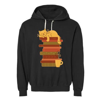 Cute Sleepy Cat On Book Stack And Coffee Tea Garment-Dyed Fleece Hoodie