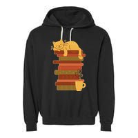 Cute Sleepy Cat On Book Stack And Coffee Tea Garment-Dyed Fleece Hoodie