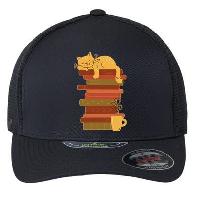 Cute Sleepy Cat On Book Stack And Coffee Tea Flexfit Unipanel Trucker Cap