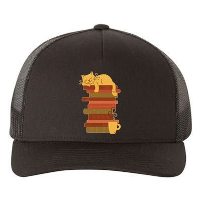 Cute Sleepy Cat On Book Stack And Coffee Tea Yupoong Adult 5-Panel Trucker Hat