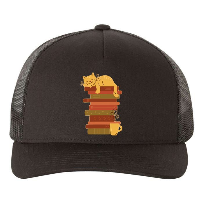 Cute Sleepy Cat On Book Stack And Coffee Tea Yupoong Adult 5-Panel Trucker Hat