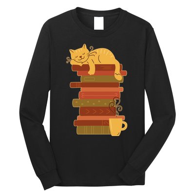 Cute Sleepy Cat On Book Stack And Coffee Tea Long Sleeve Shirt