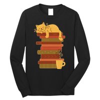 Cute Sleepy Cat On Book Stack And Coffee Tea Long Sleeve Shirt