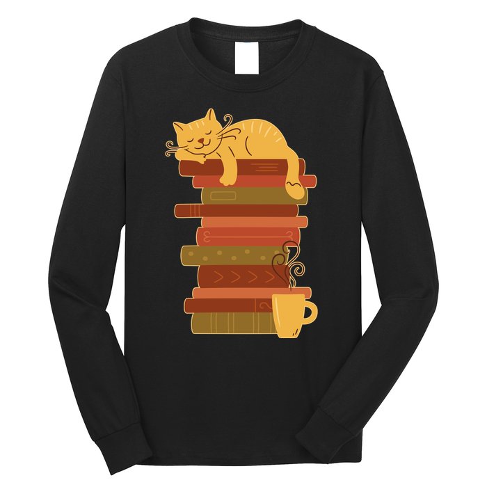 Cute Sleepy Cat On Book Stack And Coffee Tea Long Sleeve Shirt
