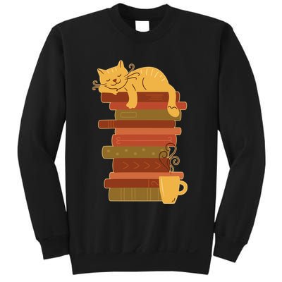 Cute Sleepy Cat On Book Stack And Coffee Tea Sweatshirt