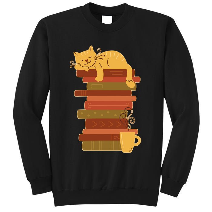 Cute Sleepy Cat On Book Stack And Coffee Tea Sweatshirt