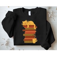 Cute Sleepy Cat On Book Stack And Coffee Tea Sweatshirt