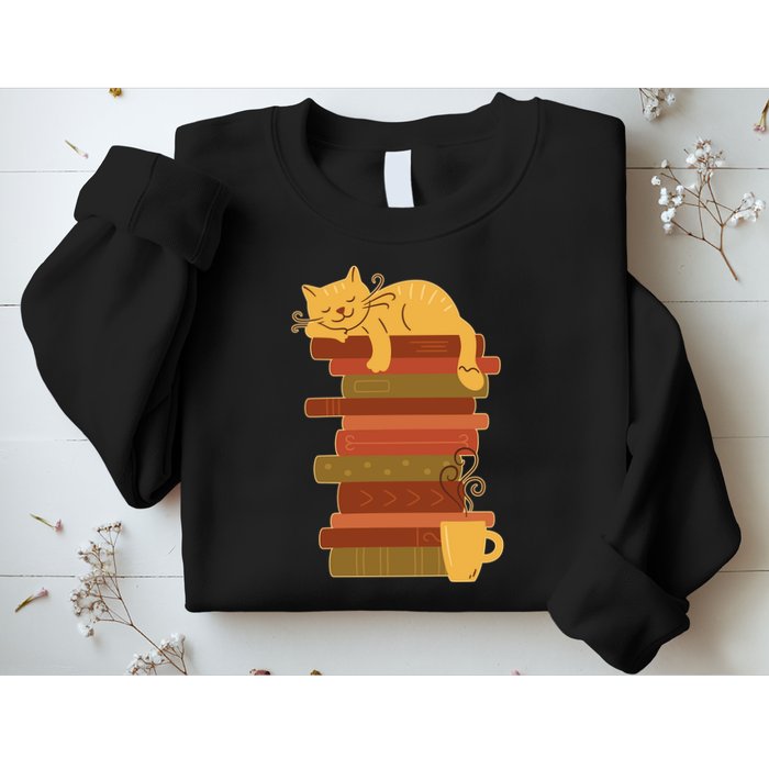 Cute Sleepy Cat On Book Stack And Coffee Tea Sweatshirt