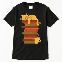 Cute Sleepy Cat On Book Stack And Coffee Tea Tall T-Shirt