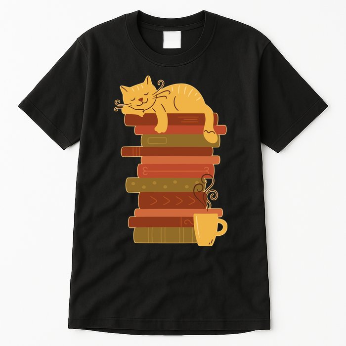 Cute Sleepy Cat On Book Stack And Coffee Tea Tall T-Shirt