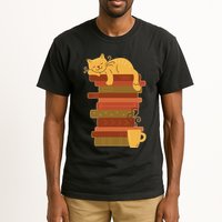 Cute Sleepy Cat On Book Stack And Coffee Tea Tall T-Shirt