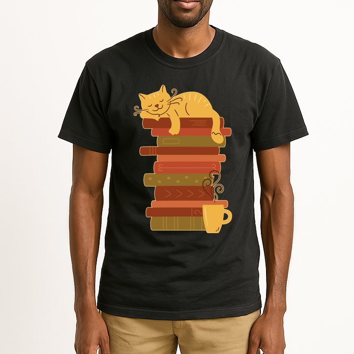 Cute Sleepy Cat On Book Stack And Coffee Tea Tall T-Shirt