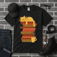Cute Sleepy Cat On Book Stack And Coffee Tea Tall T-Shirt