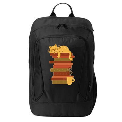 Cute Sleepy Cat On Book Stack And Coffee Tea City Backpack