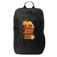 Cute Sleepy Cat On Book Stack And Coffee Tea City Backpack