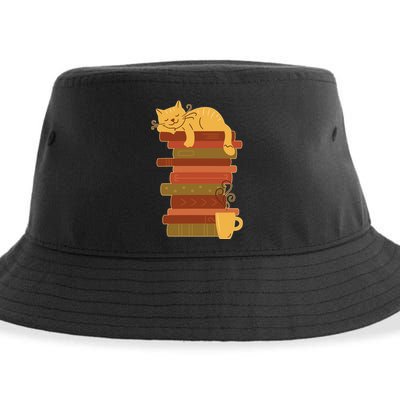 Cute Sleepy Cat On Book Stack And Coffee Tea Sustainable Bucket Hat