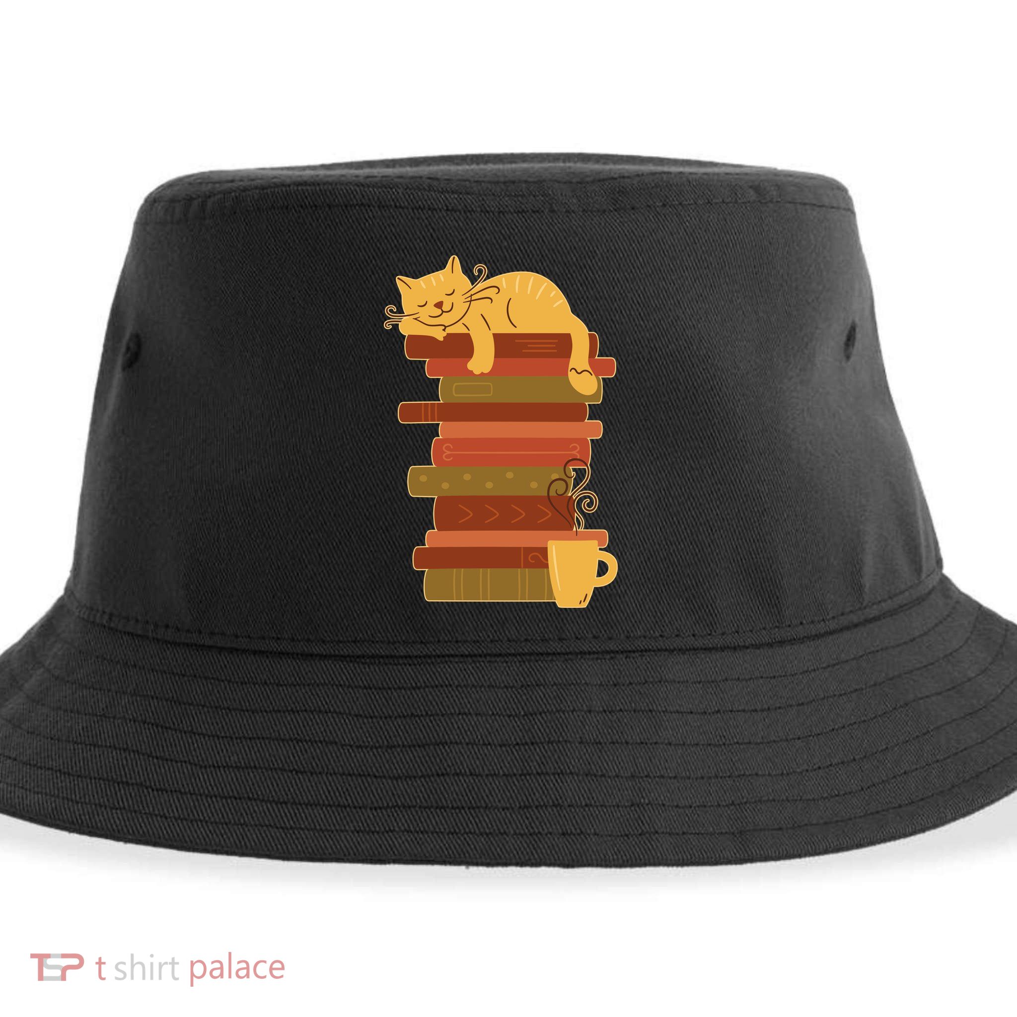 Cute Sleepy Cat On Book Stack And Coffee Tea Sustainable Bucket Hat