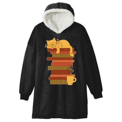 Cute Sleepy Cat On Book Stack And Coffee Tea Hooded Wearable Blanket
