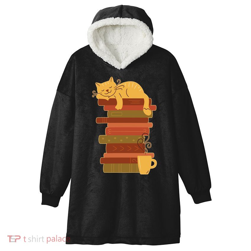 Cute Sleepy Cat On Book Stack And Coffee Tea Hooded Wearable Blanket