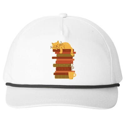 Cute Sleepy Cat On Book Stack And Coffee Tea Snapback Five-Panel Rope Hat