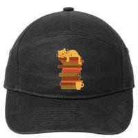 Cute Sleepy Cat On Book Stack And Coffee Tea 7-Panel Snapback Hat