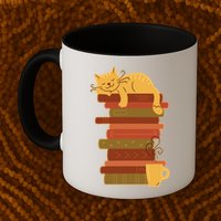 Cute Sleepy Cat On Book Stack And Coffee Tea Mug