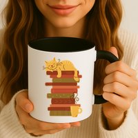 Cute Sleepy Cat On Book Stack And Coffee Tea Mug
