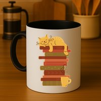 Cute Sleepy Cat On Book Stack And Coffee Tea Mug