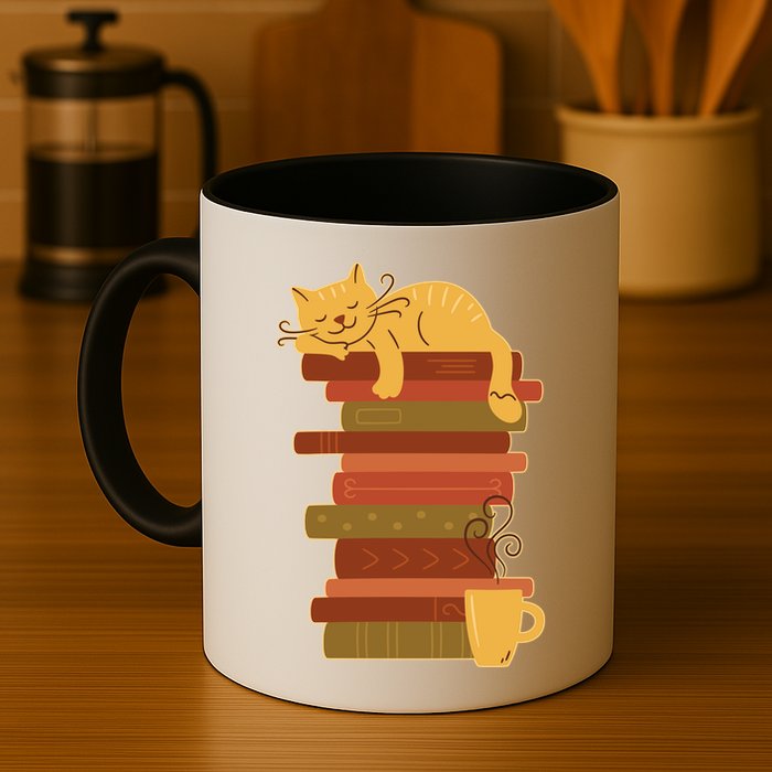 Cute Sleepy Cat On Book Stack And Coffee Tea Mug
