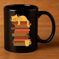 Cute Sleepy Cat On Book Stack And Coffee Tea 11oz C Handle Ceramic Mug
