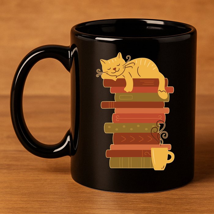 Cute Sleepy Cat On Book Stack And Coffee Tea 11oz C Handle Ceramic Mug