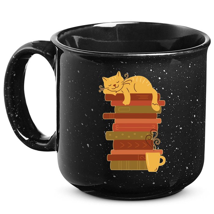 Cute Sleepy Cat On Book Stack And Coffee Tea 15oz Campfire Ceramic Mug