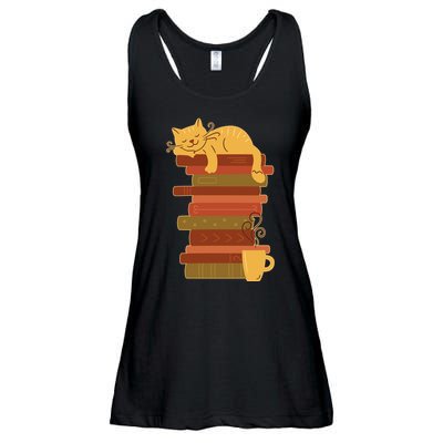 Cute Sleepy Cat On Book Stack And Coffee Tea Ladies Essential Flowy Tank