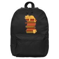 Cute Sleepy Cat On Book Stack And Coffee Tea 16 in Basic Backpack