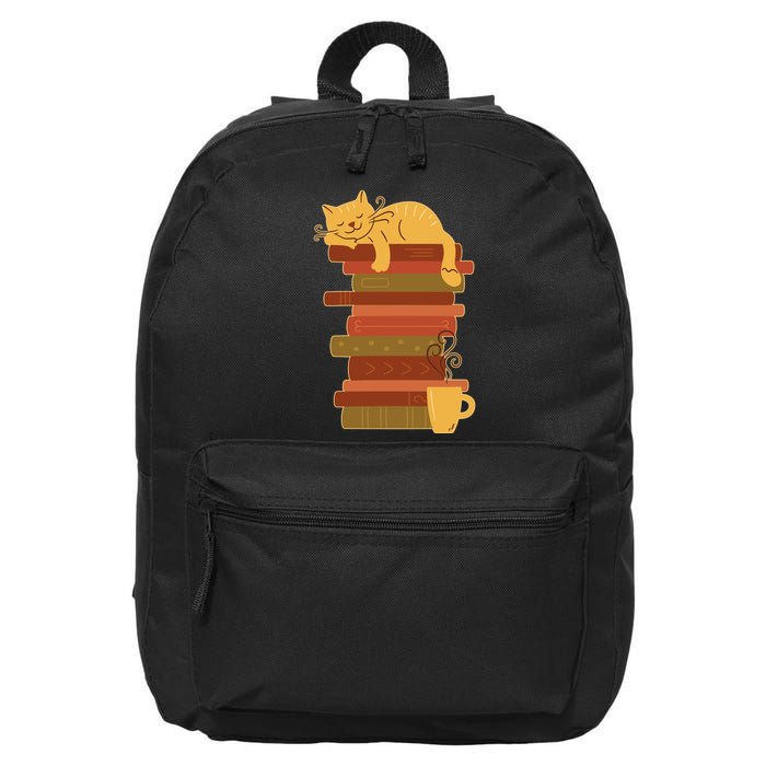 Cute Sleepy Cat On Book Stack And Coffee Tea 16 in Basic Backpack