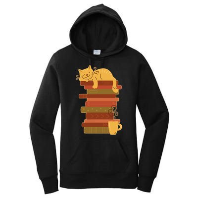 Cute Sleepy Cat On Book Stack And Coffee Tea Women's Pullover Hoodie