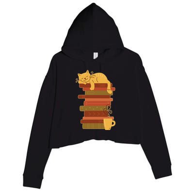 Cute Sleepy Cat On Book Stack And Coffee Tea Crop Fleece Hoodie