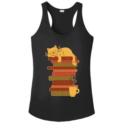 Cute Sleepy Cat On Book Stack And Coffee Tea Ladies PosiCharge Competitor Racerback Tank