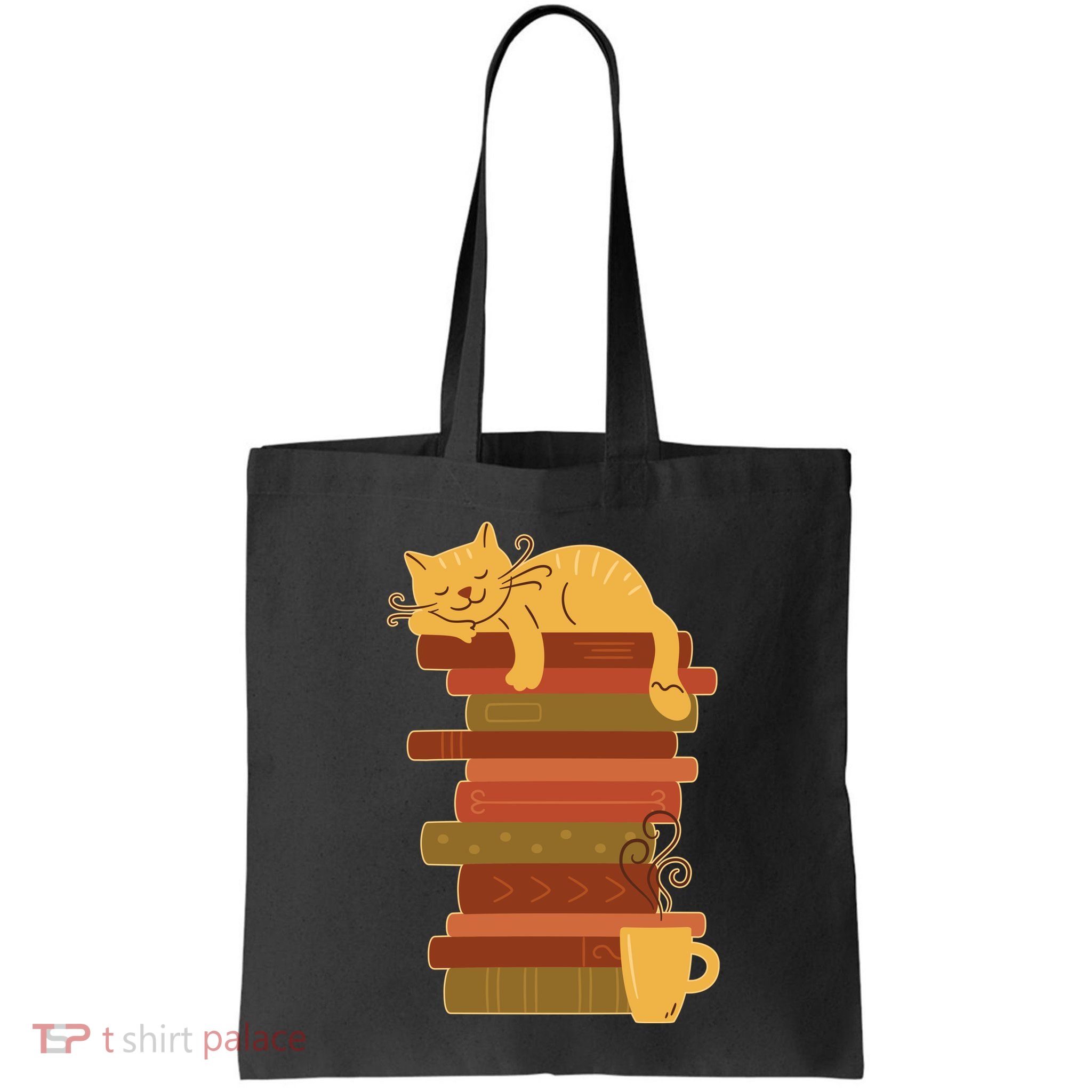 Cute Sleepy Cat On Book Stack And Coffee Tea Bag