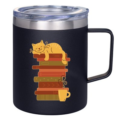 Cute Sleepy Cat On Book Stack And Coffee Tea 12oz Stainless Steel Coffee Mug