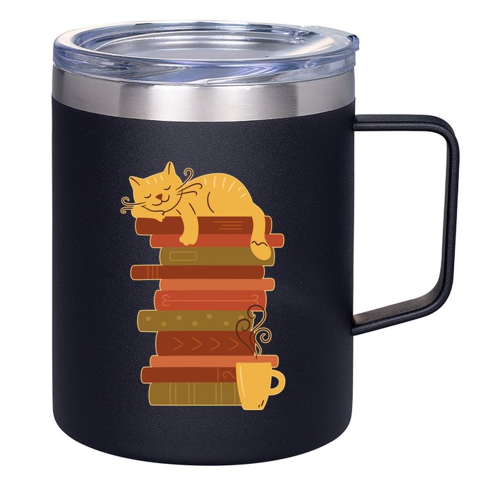 Cute Sleepy Cat On Book Stack And Coffee Tea 12oz Stainless Steel Coffee Mug