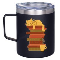 Cute Sleepy Cat On Book Stack And Coffee Tea 12oz Stainless Steel Coffee Mug